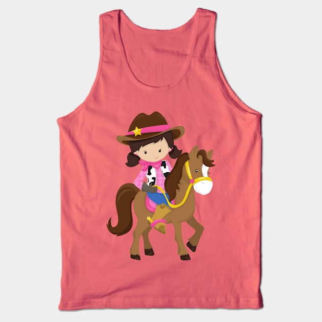 Cowgirl, Sheriff, Horse, Western, Brown Hair Tank Top by Jelena Dunčević